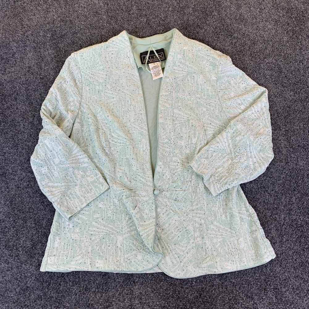 Alex Evenings Blazer Jacket Women 12 Green Stretch Glitter Open Front 3/4 Sleeve